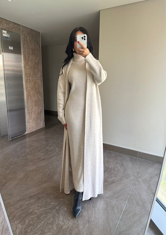 Suzanna Ekru elbise ve uzun kimono Takim