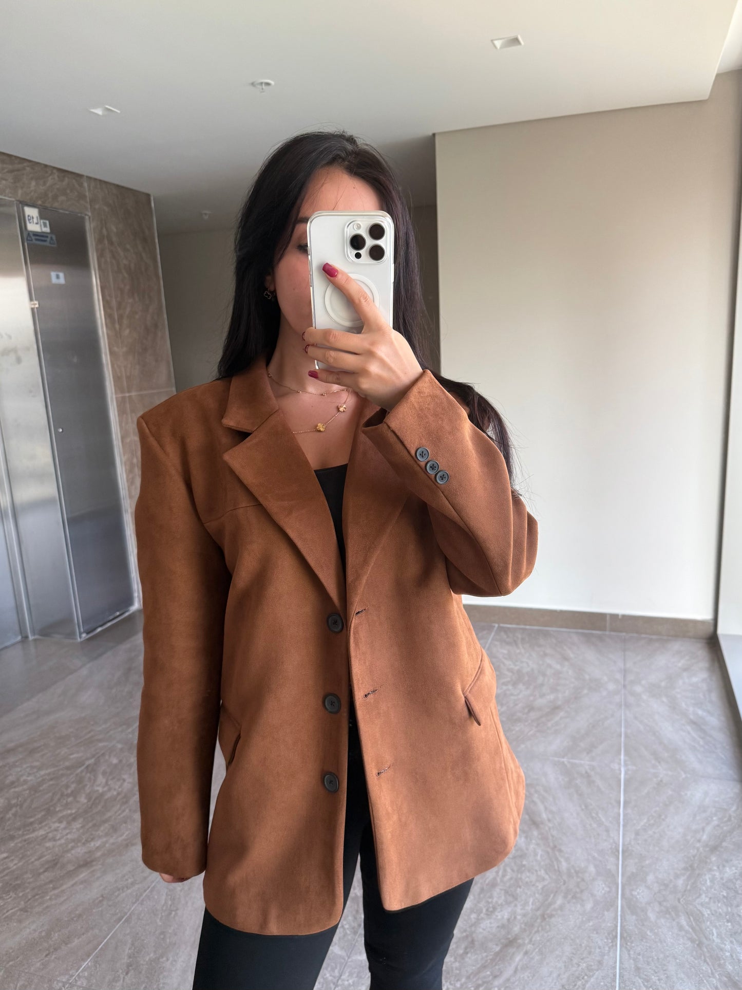 Camel  Cep Detay Premium Süet Ceket