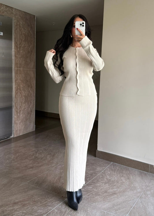 Cindy Ekru Üst ve Etek Triko Takım