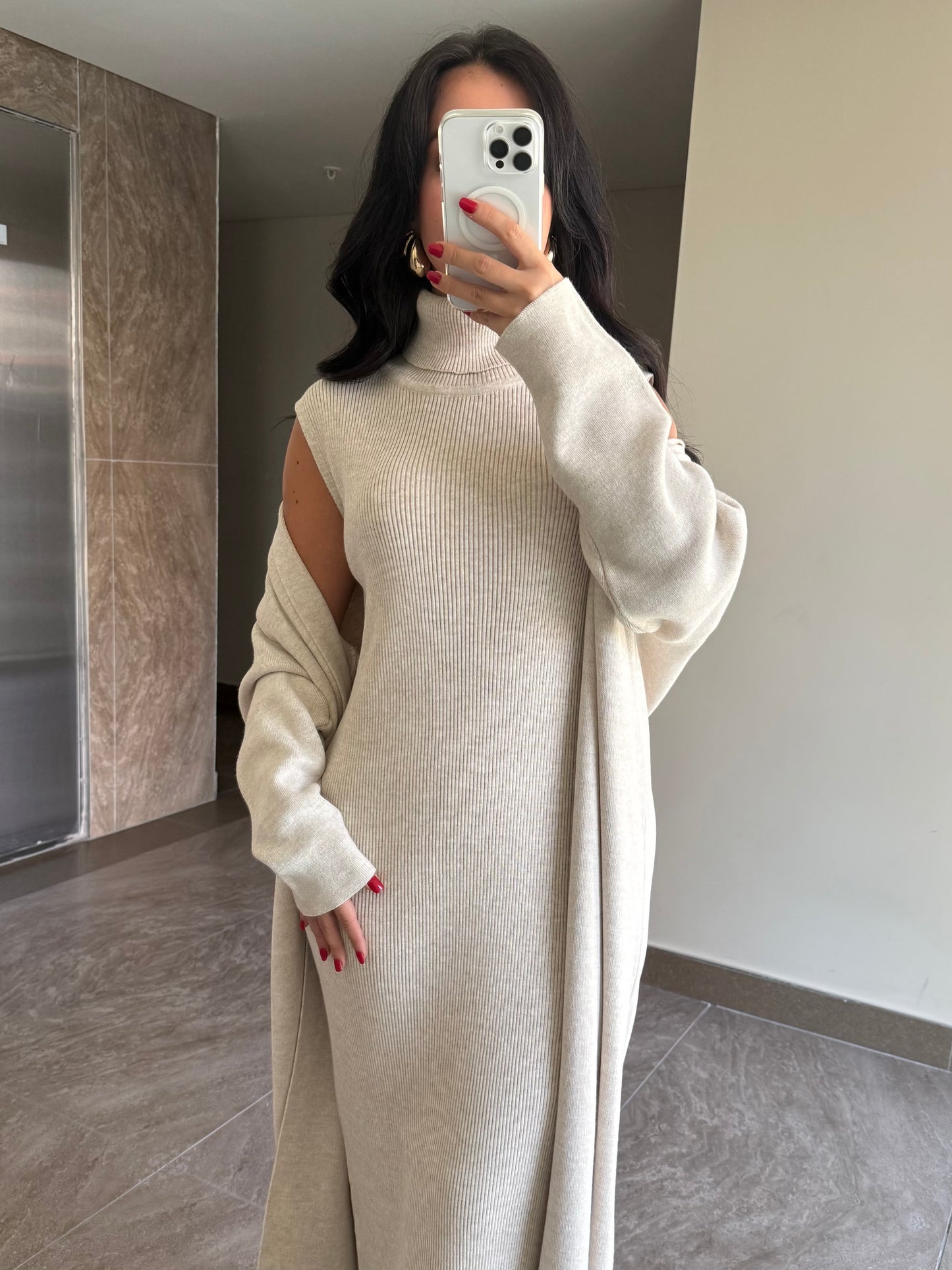 Suzanna Ekru elbise ve uzun kimono Takim