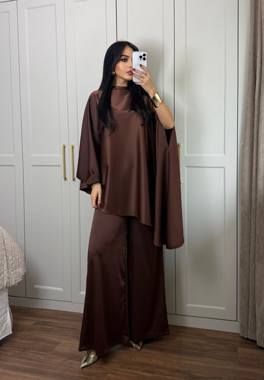 Amalia Saten Tasarım Takım-Kahverengi