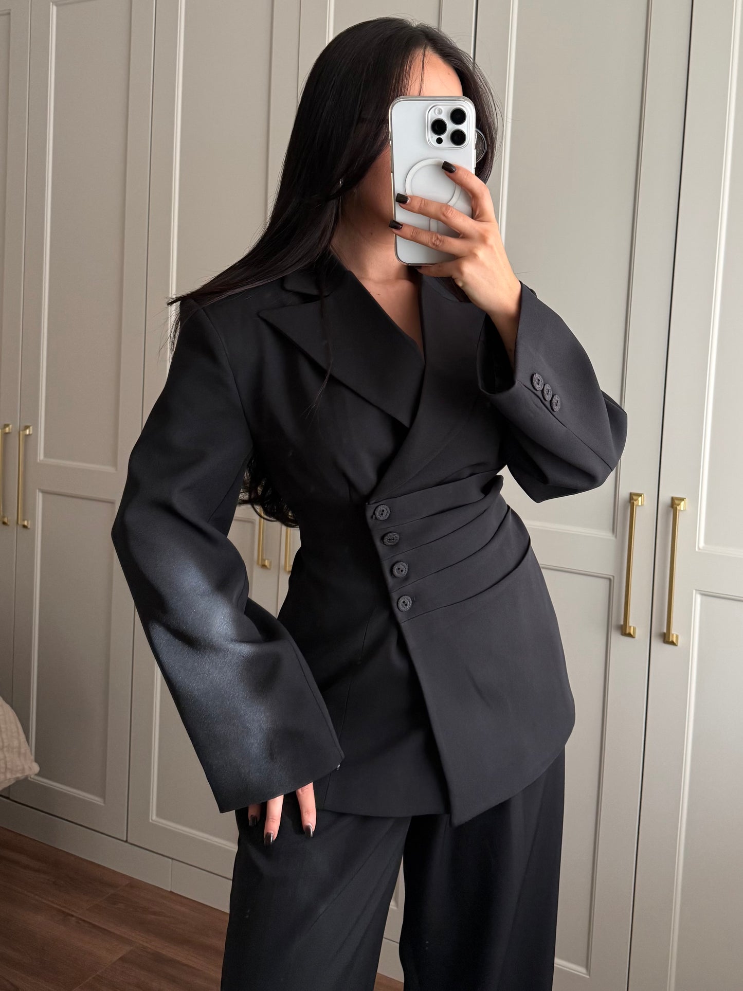 Wendy Bel Büzgülü Blazer Takımı-Siyah