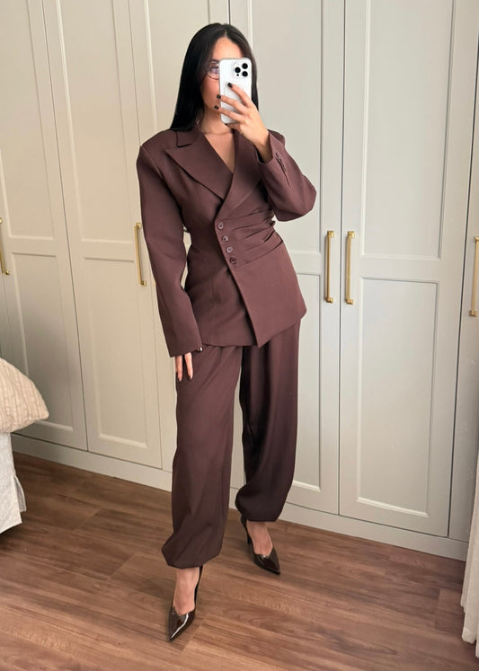 Wendy Bel Büzgülü Blazer Takımı-kahverengi