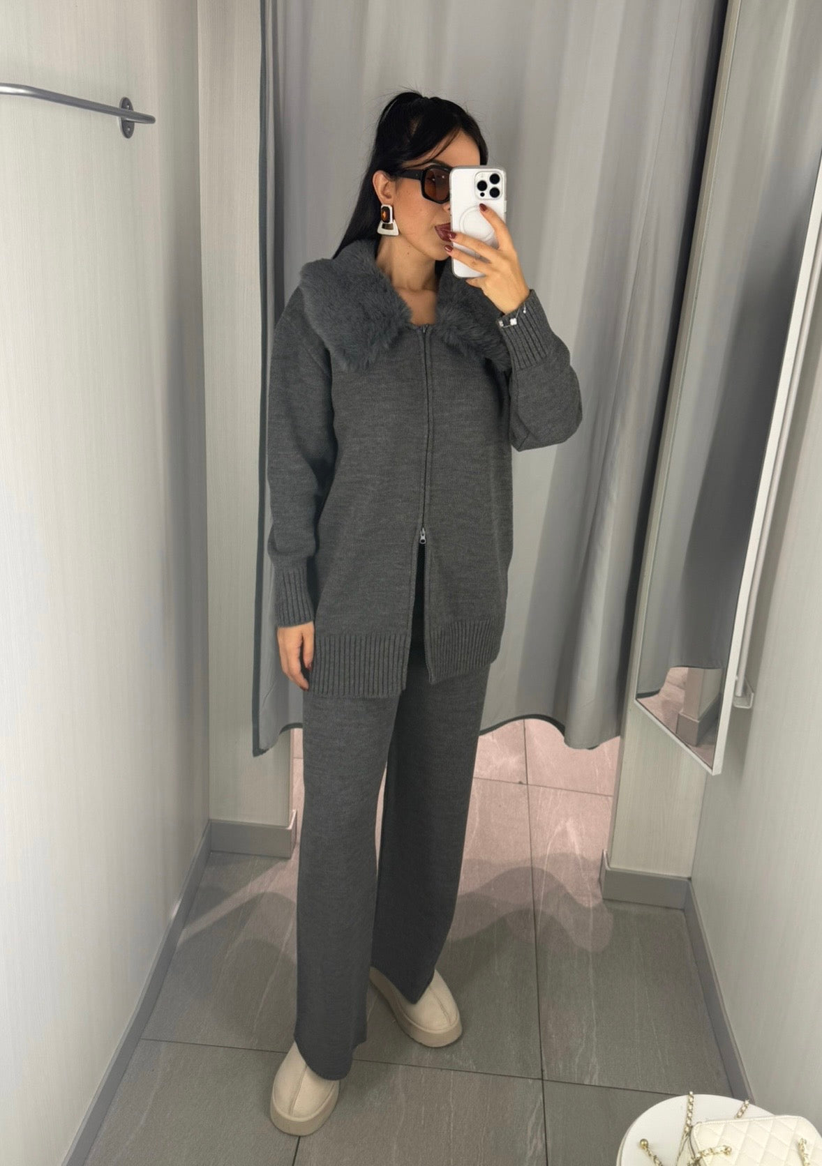 Elisa Gri Premium Kürklü Triko Takım