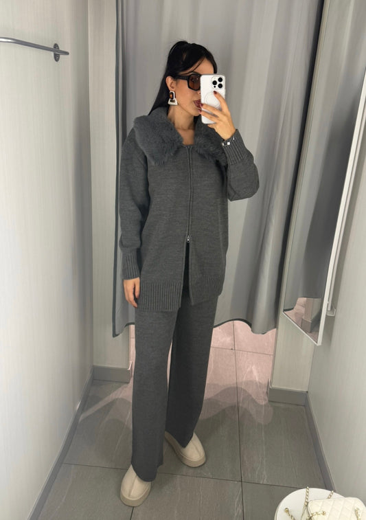 Elisa Gri Premium Kürklü Triko Takım