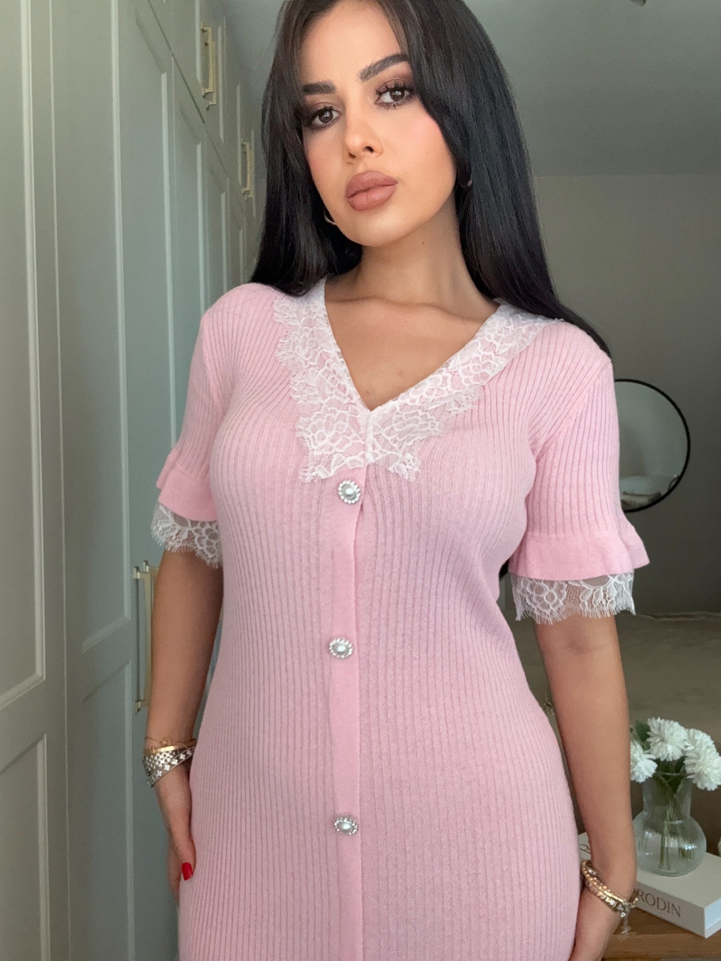 Beren Dantel Elbise-Pembe
