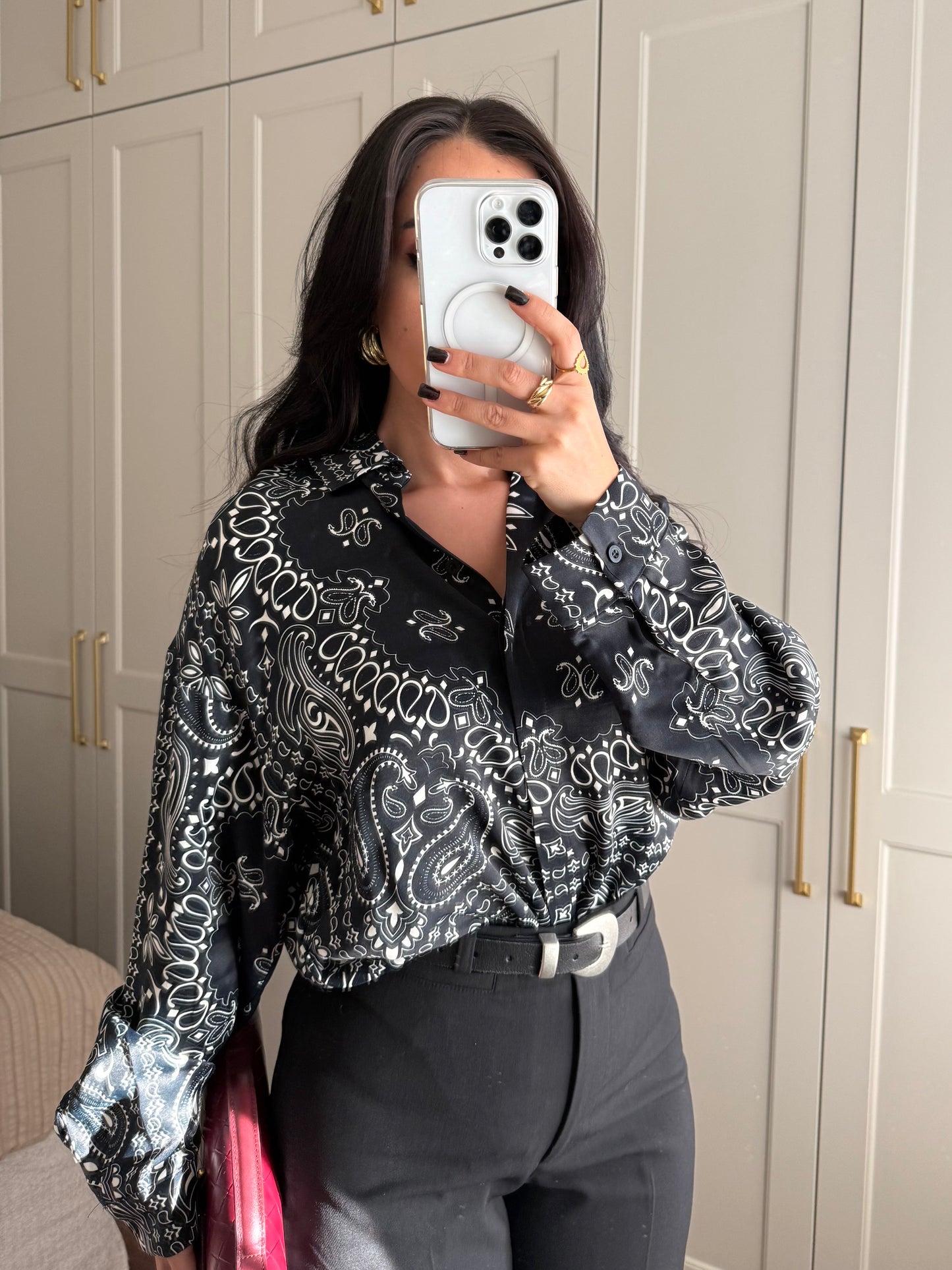 Bandana desenli premium saten gömlek -Siyah