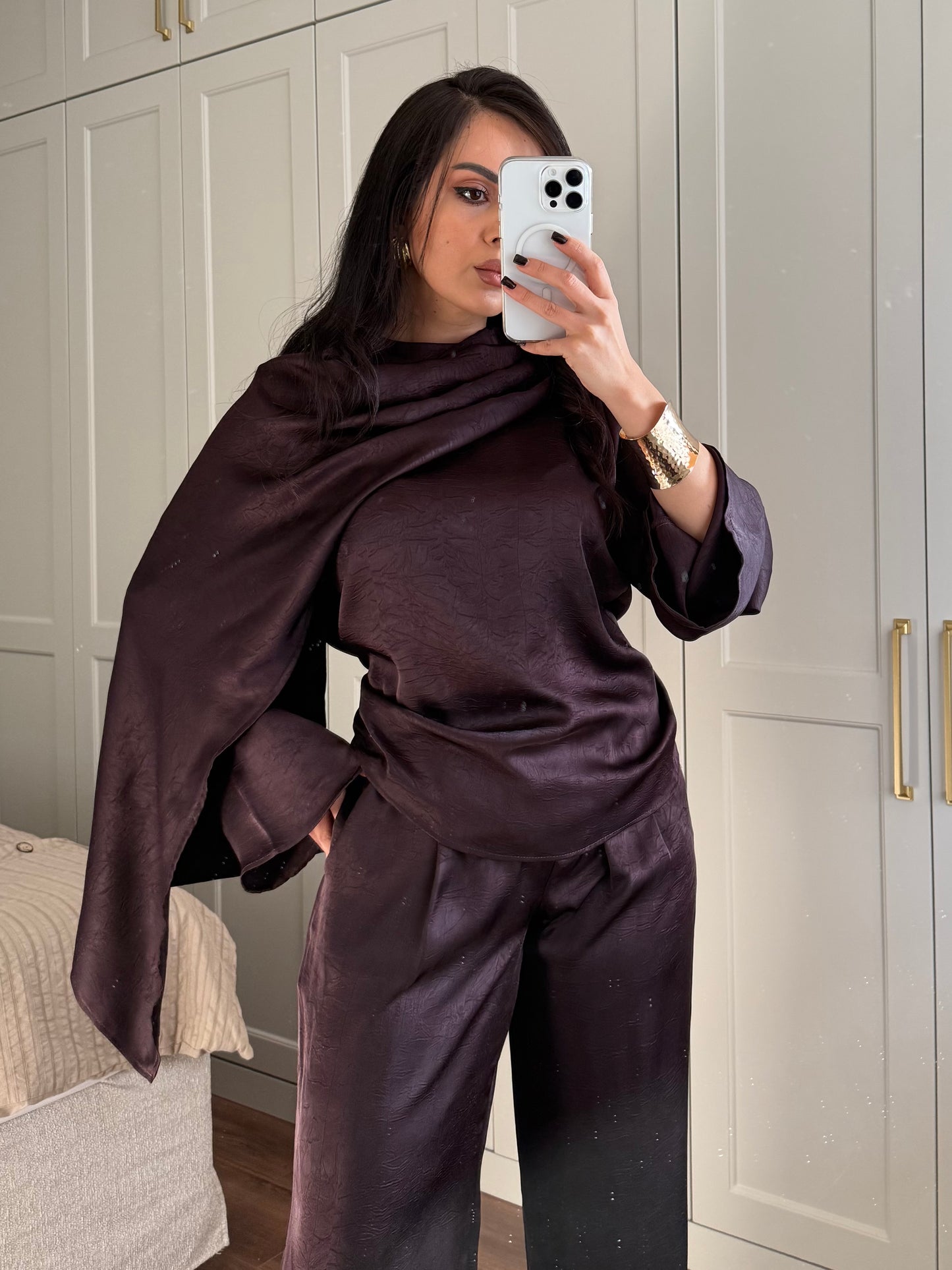 Dubai Saten Şal Takım -Mor