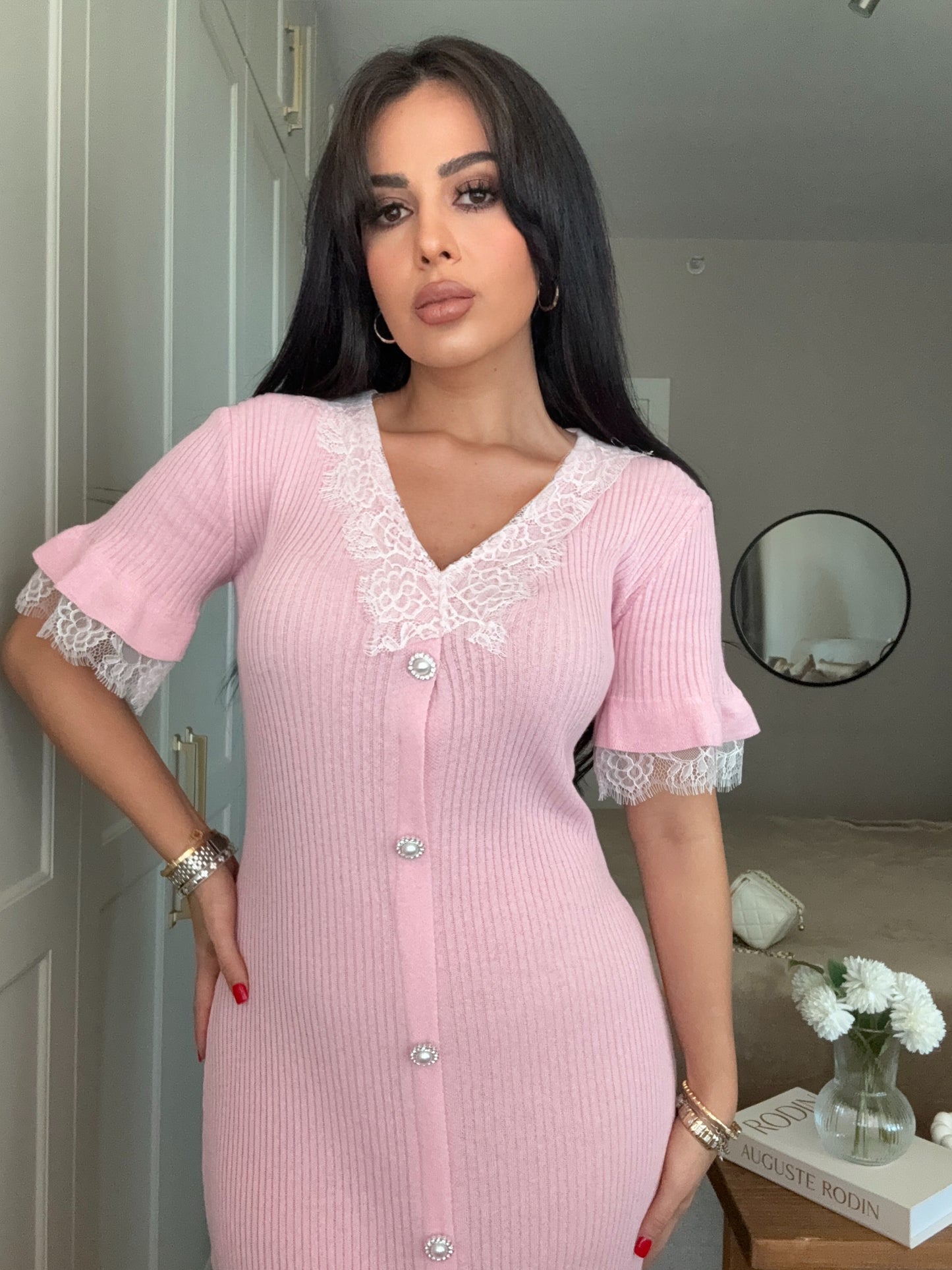 Beren Dantel Elbise-Pembe