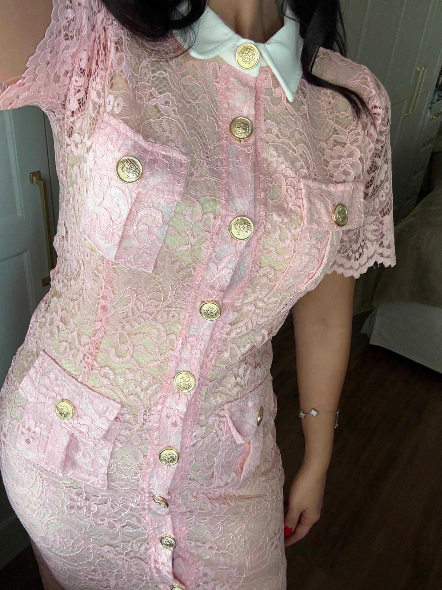 Ela Dantel Elbise-Pembe