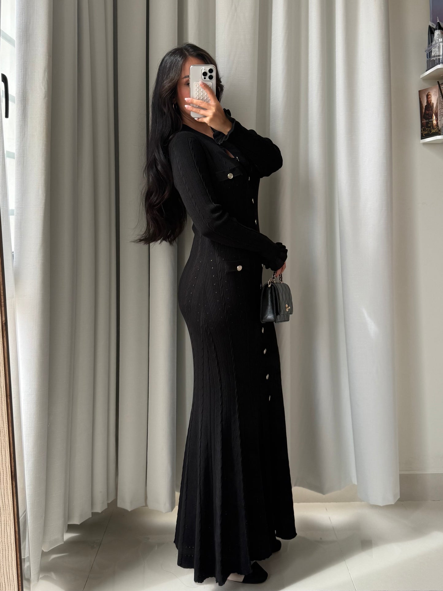Aurora Uzun Kollu Premium Elbise - Siyah