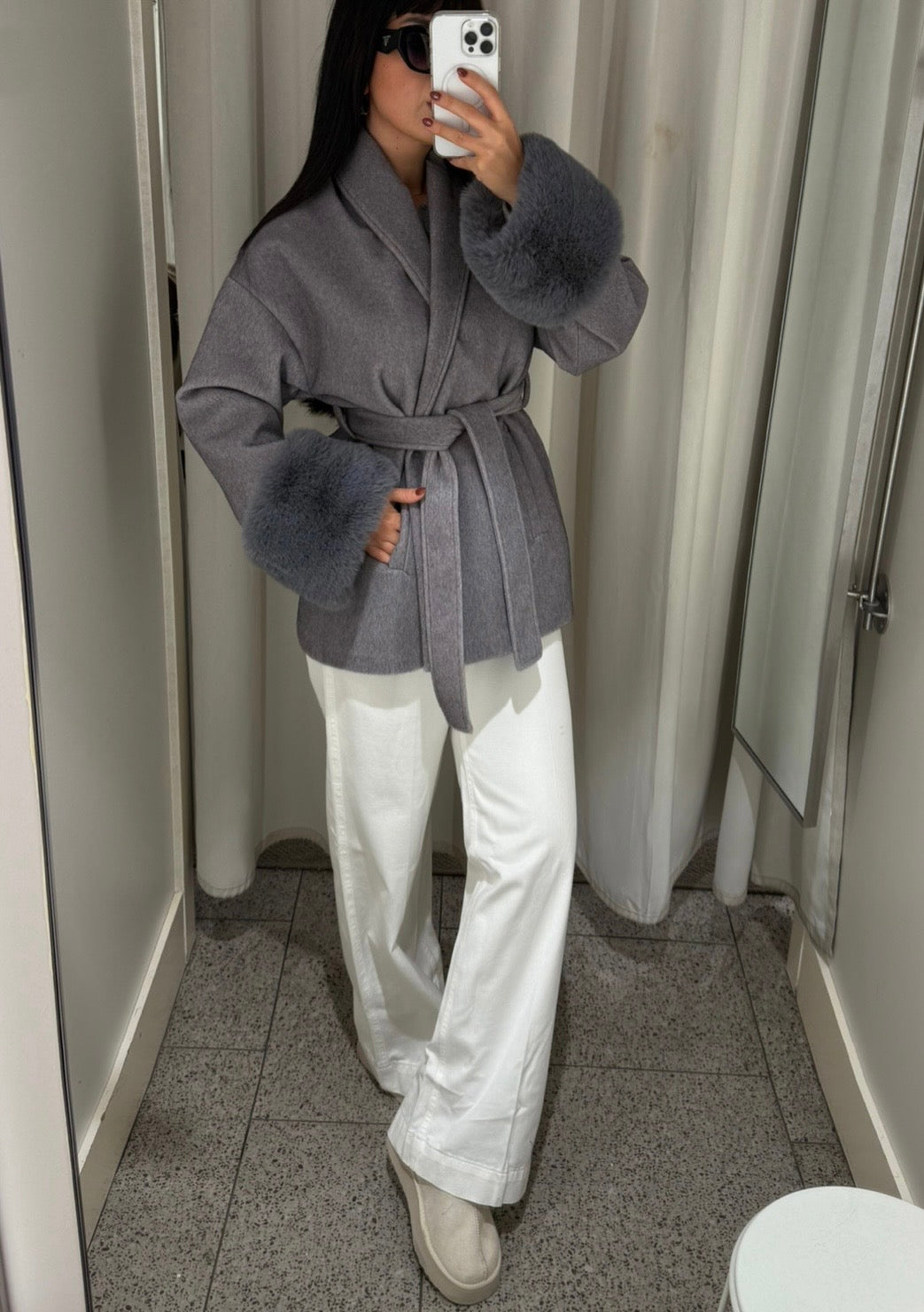 Monaco Gri Premium Kürklü Kaban