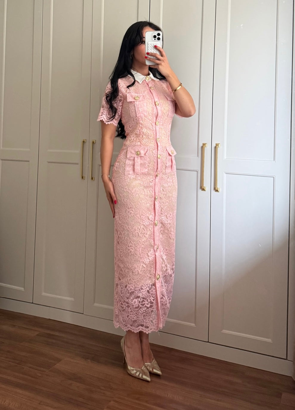 Ela Dantel Elbise-Pembe