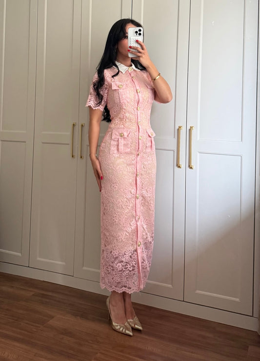 Ela Dantel Elbise-Pembe