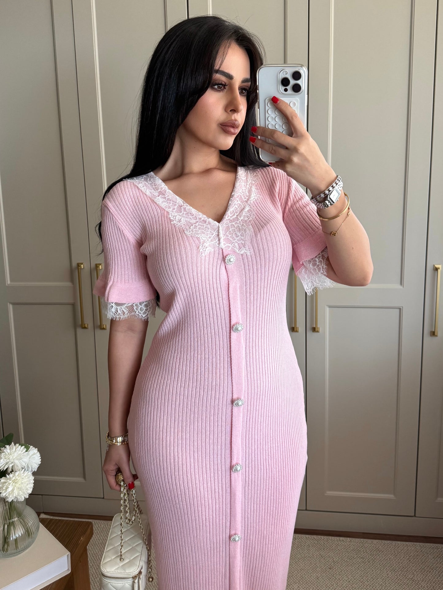Beren Dantel Elbise-Pembe