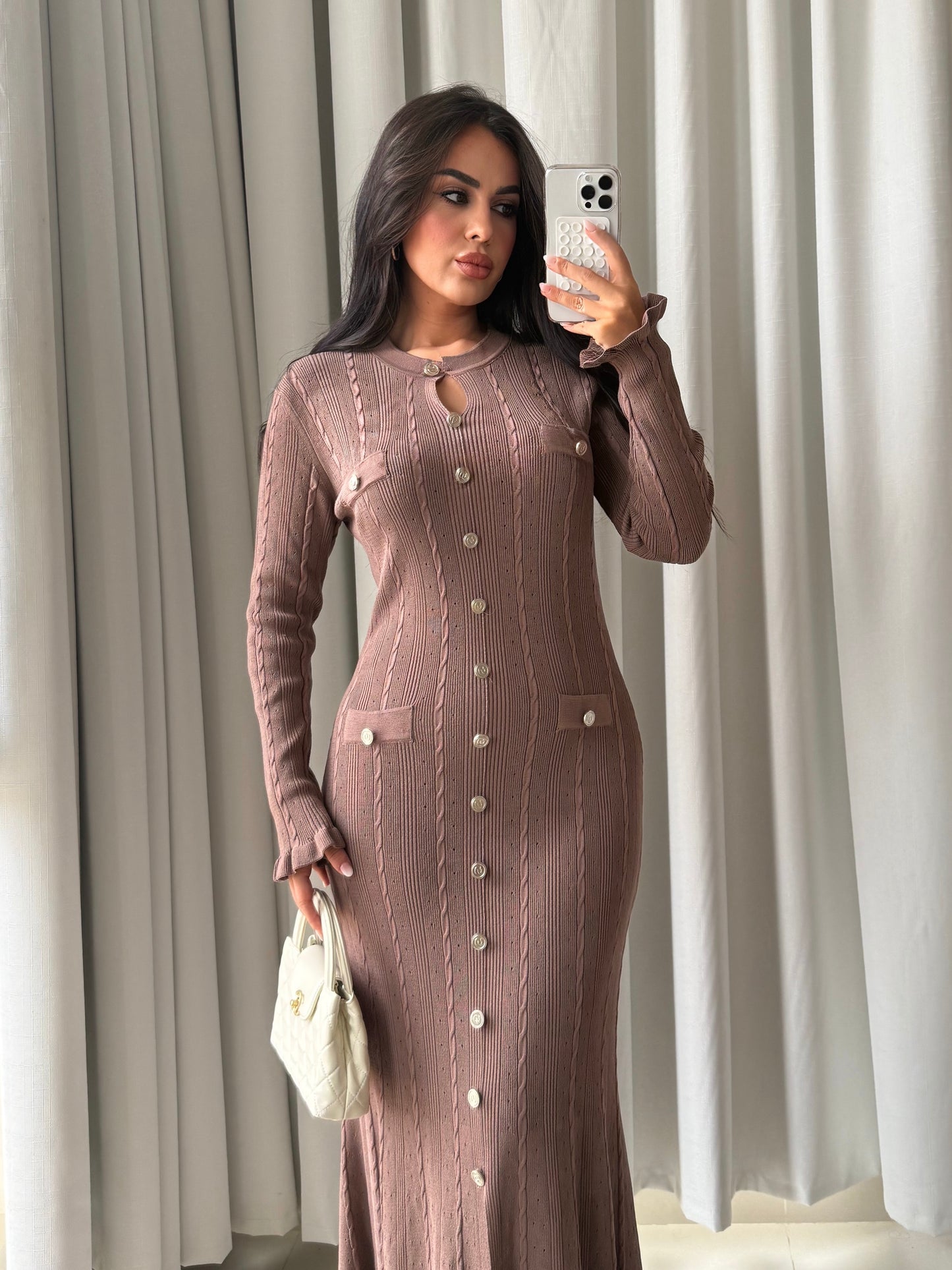 Aurora Uzun Kollu Premium Elbise - Açık kahverengi
