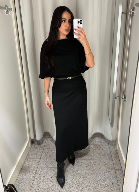 Asya Kemerli Triko Elbise -siyah