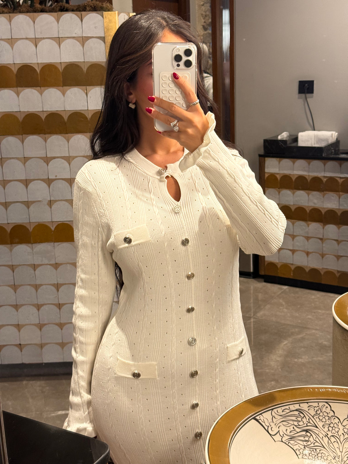 Aurora Uzun Kollu Premium Elbise -Beyaz