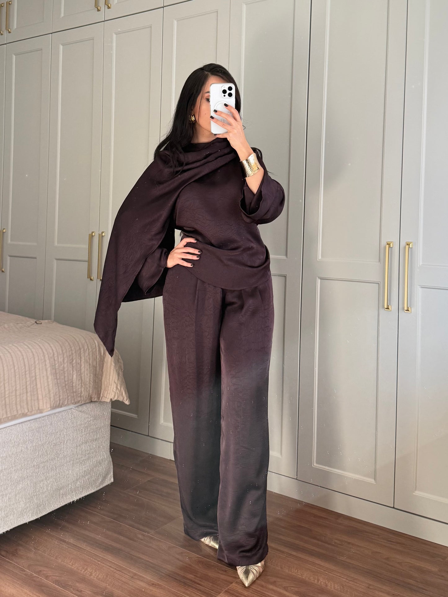 Dubai Saten Şal Takım -Mor