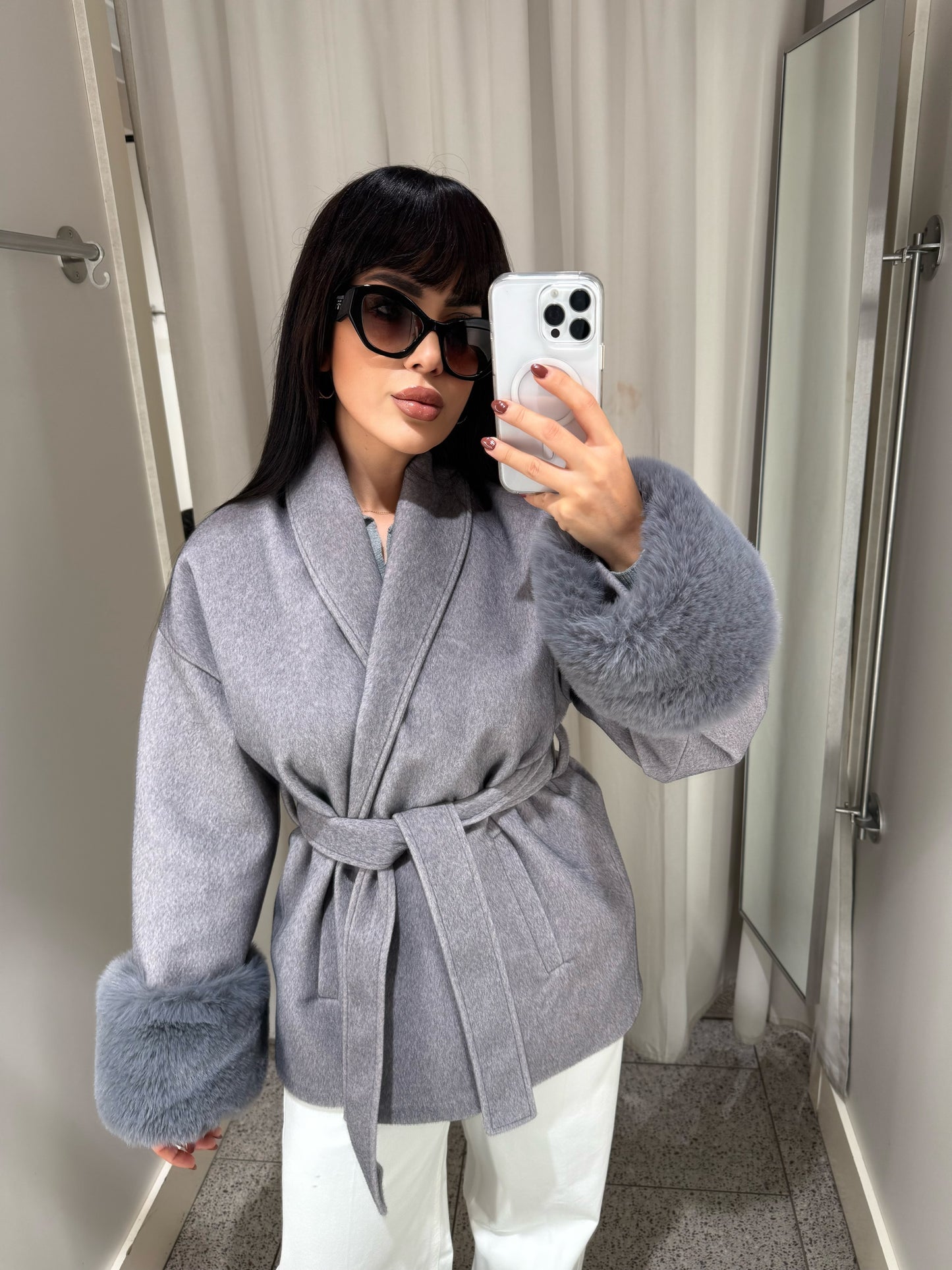 Monaco Gri Premium Kürklü Kaban