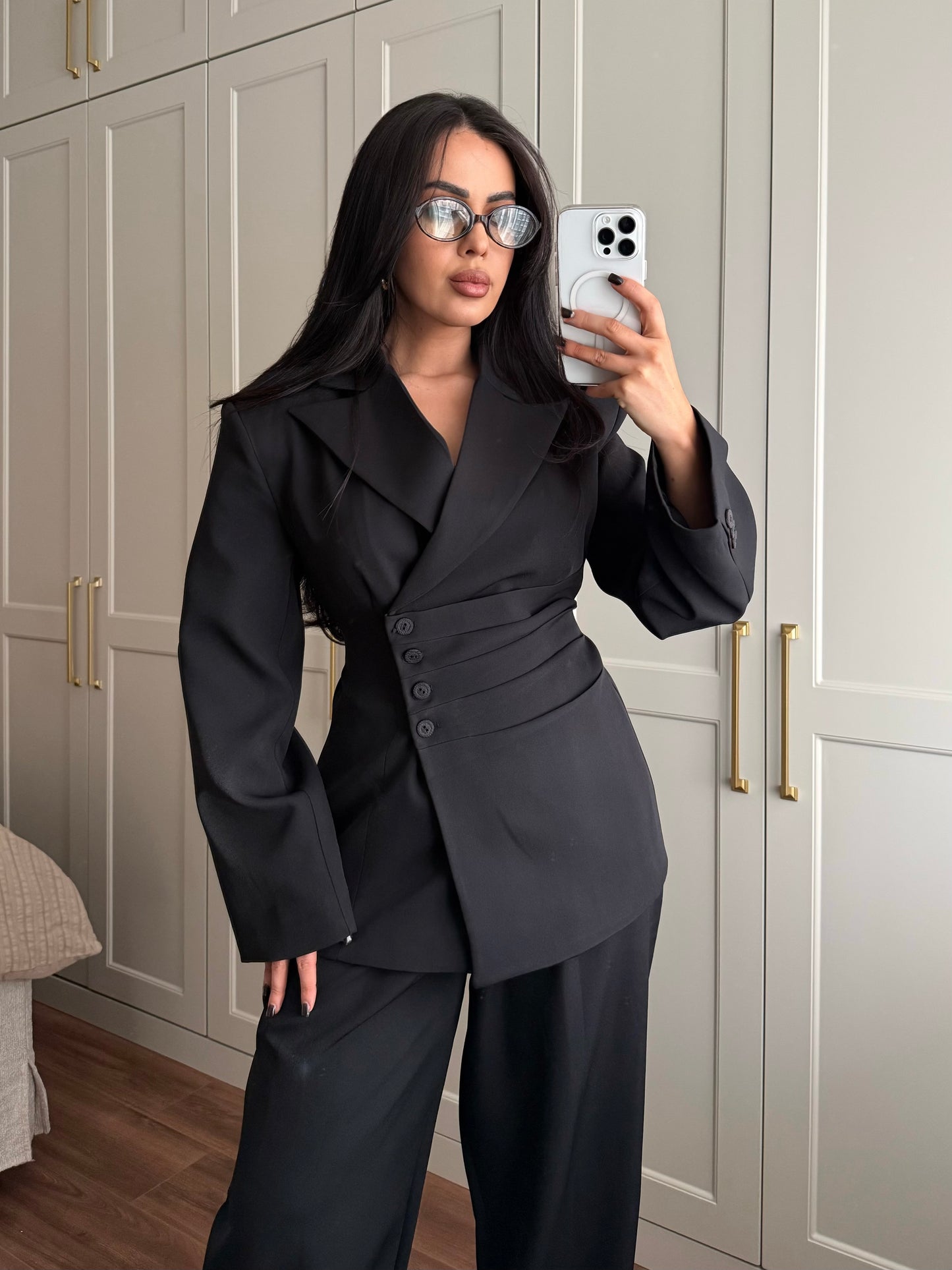 Wendy Bel Büzgülü Blazer Takımı-Siyah
