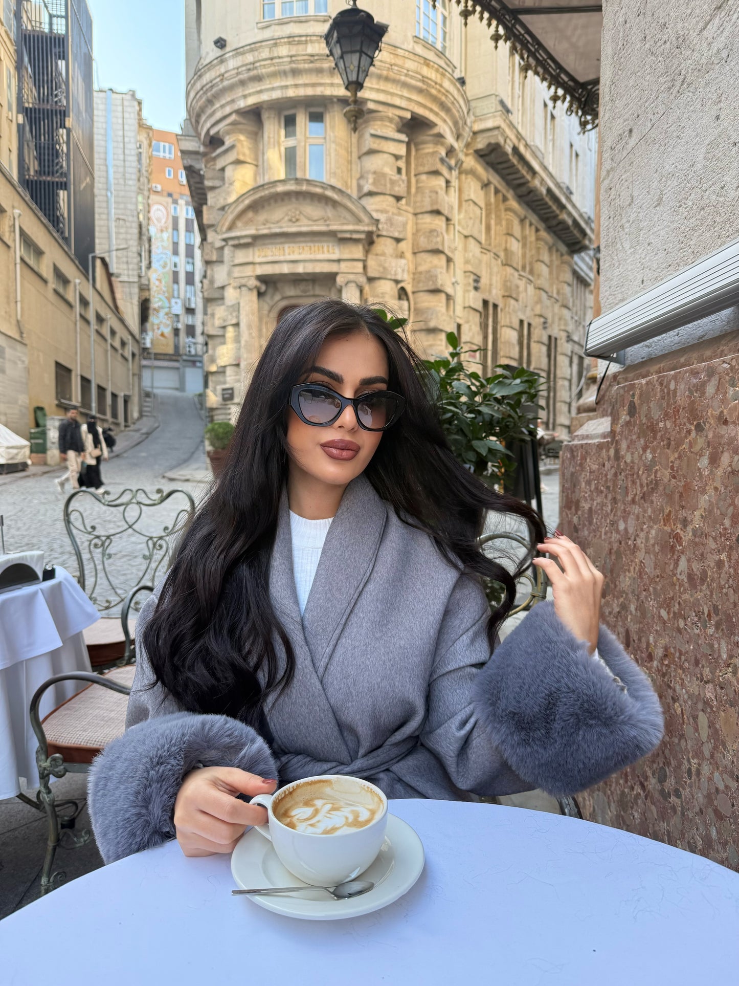 Monaco Gri Premium Kürklü Kaban