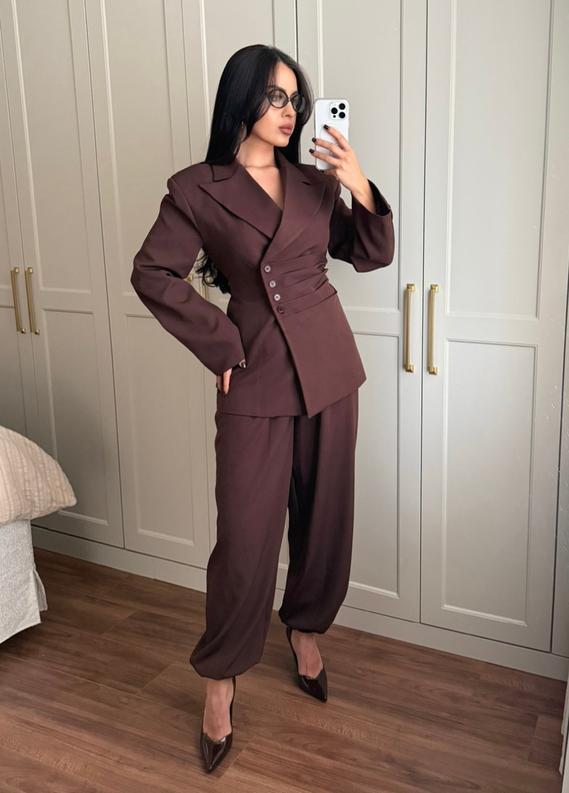 Wendy Bel Büzgülü Blazer Takımı-kahverengi