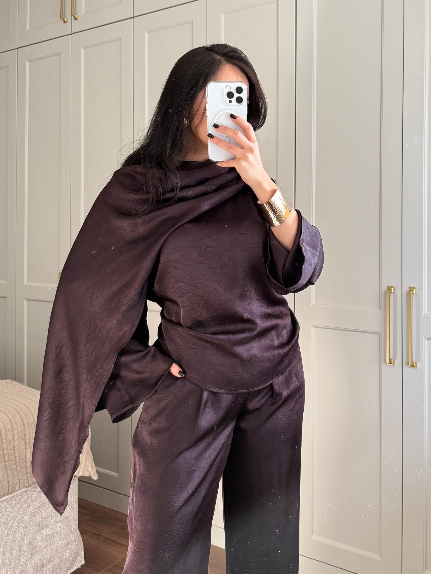 Dubai Saten Şal Takım -Mor