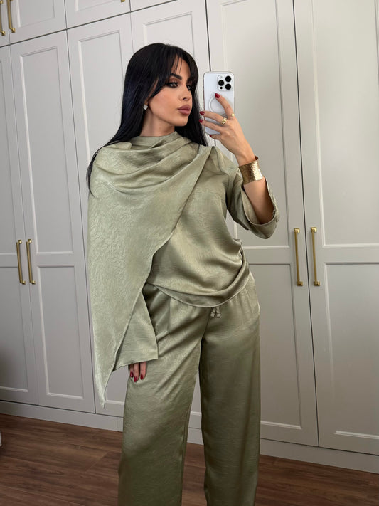 Dubai Saten Şal Takım -Yeşil