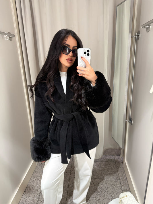 Monaco Siyah Premium Kürklü Kaban