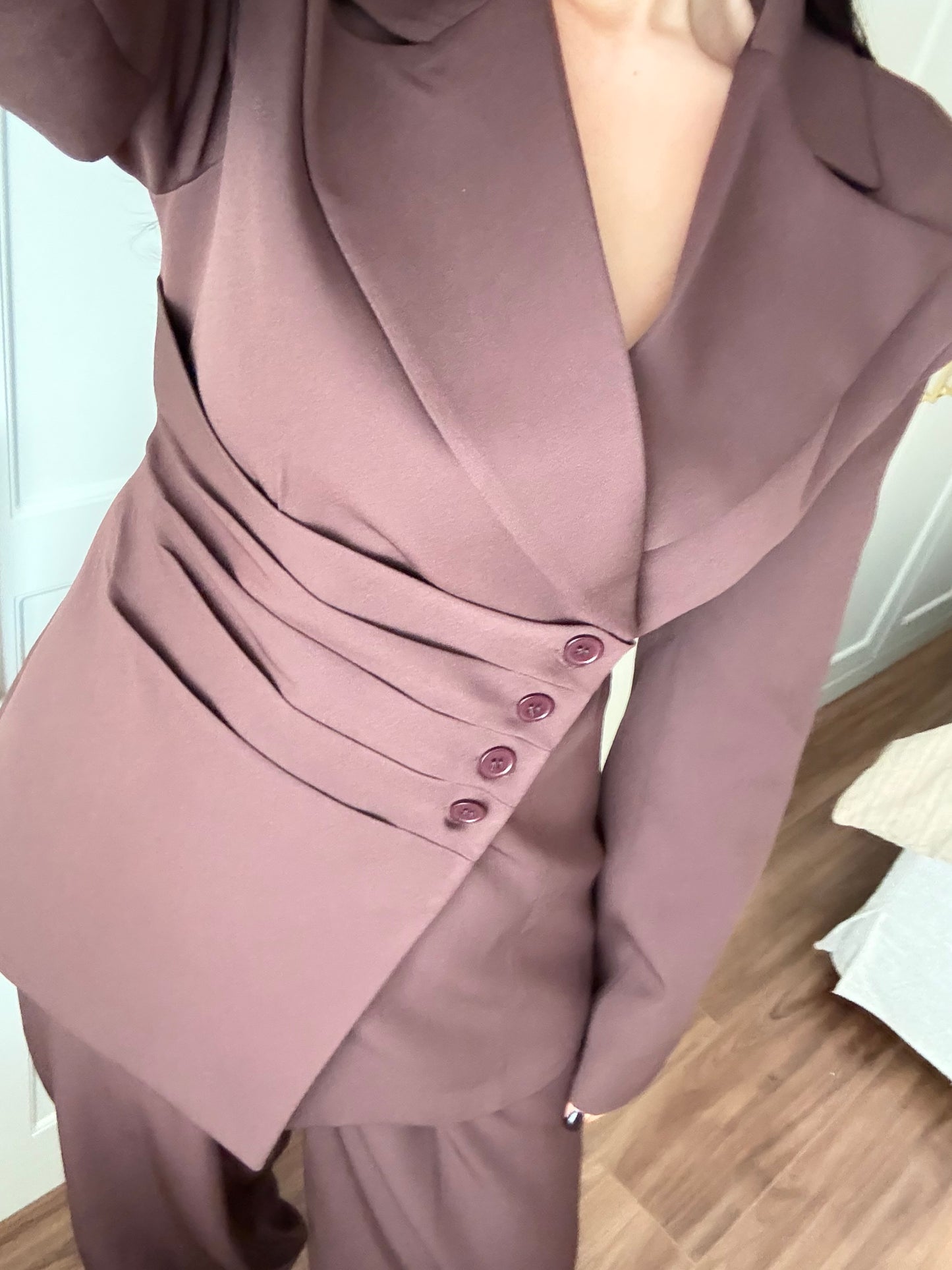 Wendy Bel Büzgülü Blazer Takımı-kahverengi
