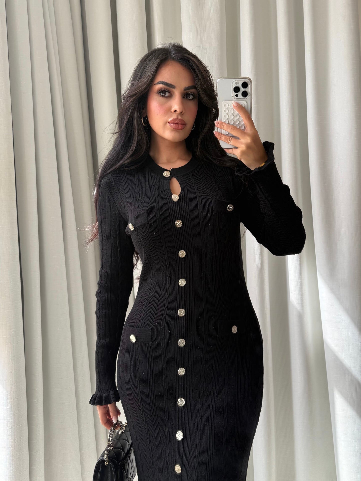 Aurora Uzun Kollu Premium Elbise - Siyah