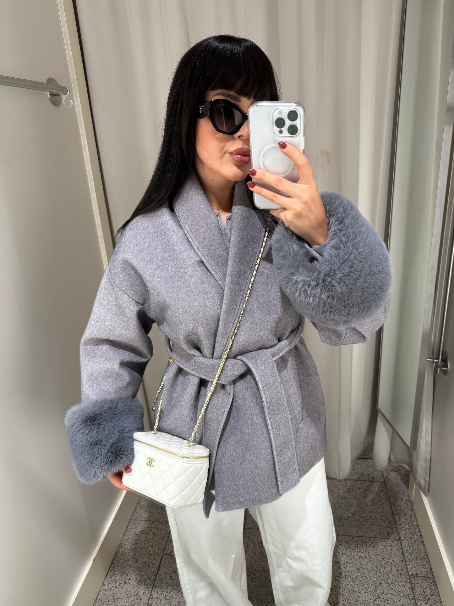 Monaco Gri Premium Kürklü Kaban