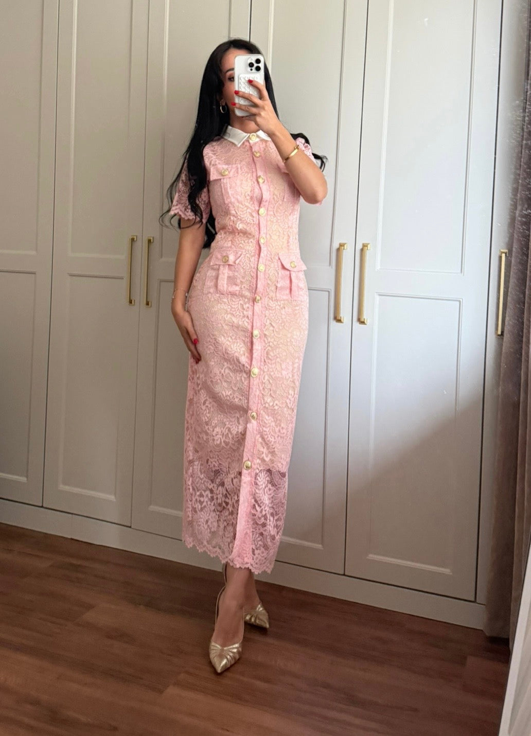 Ela Dantel Elbise-Pembe