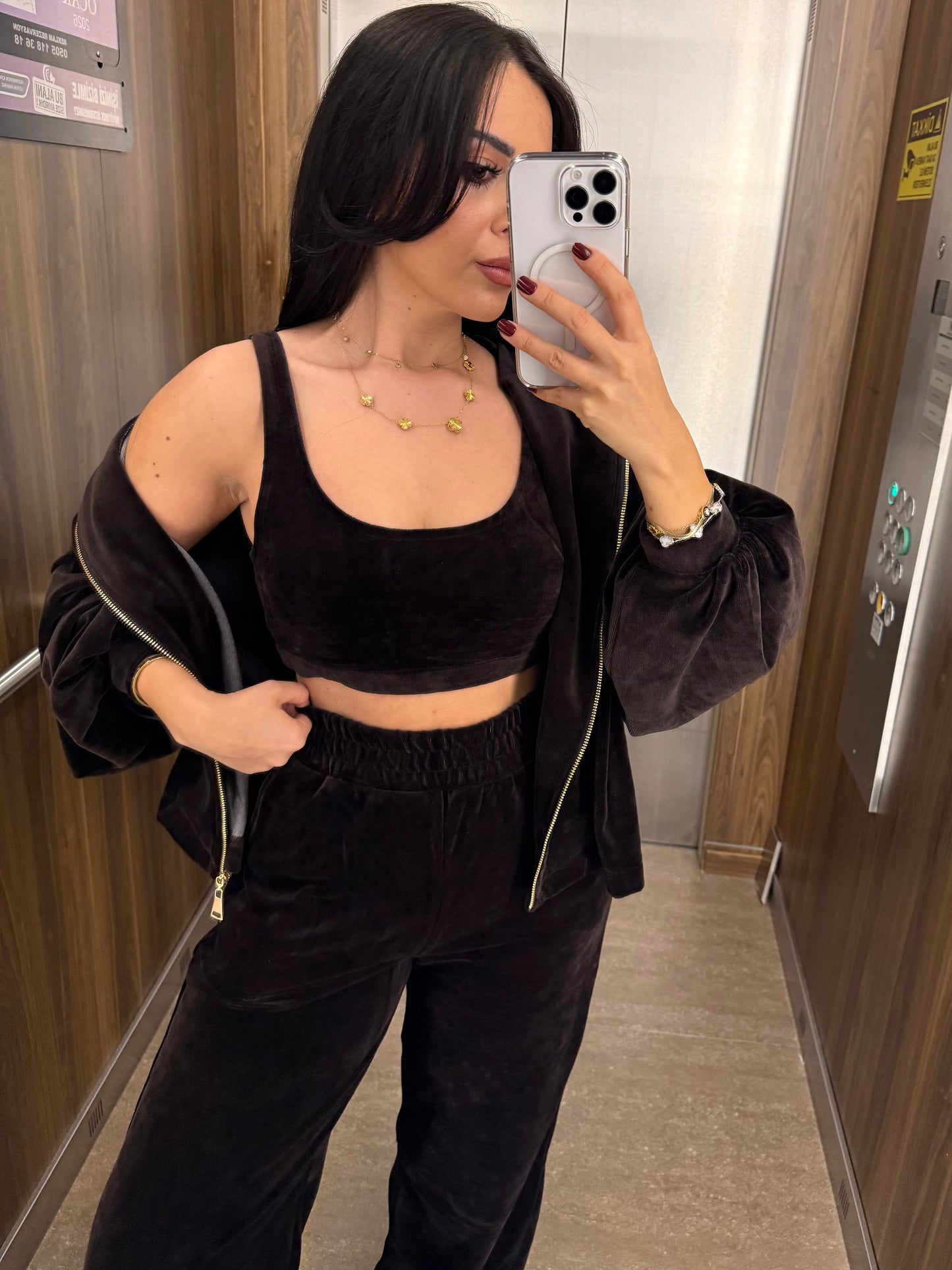 Zaina Kahverengi Kadife 3’lü Kombin Takımı