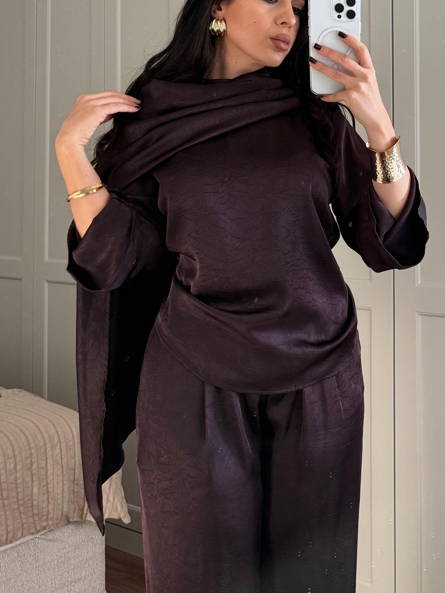 Dubai Saten Şal Takım -Mor