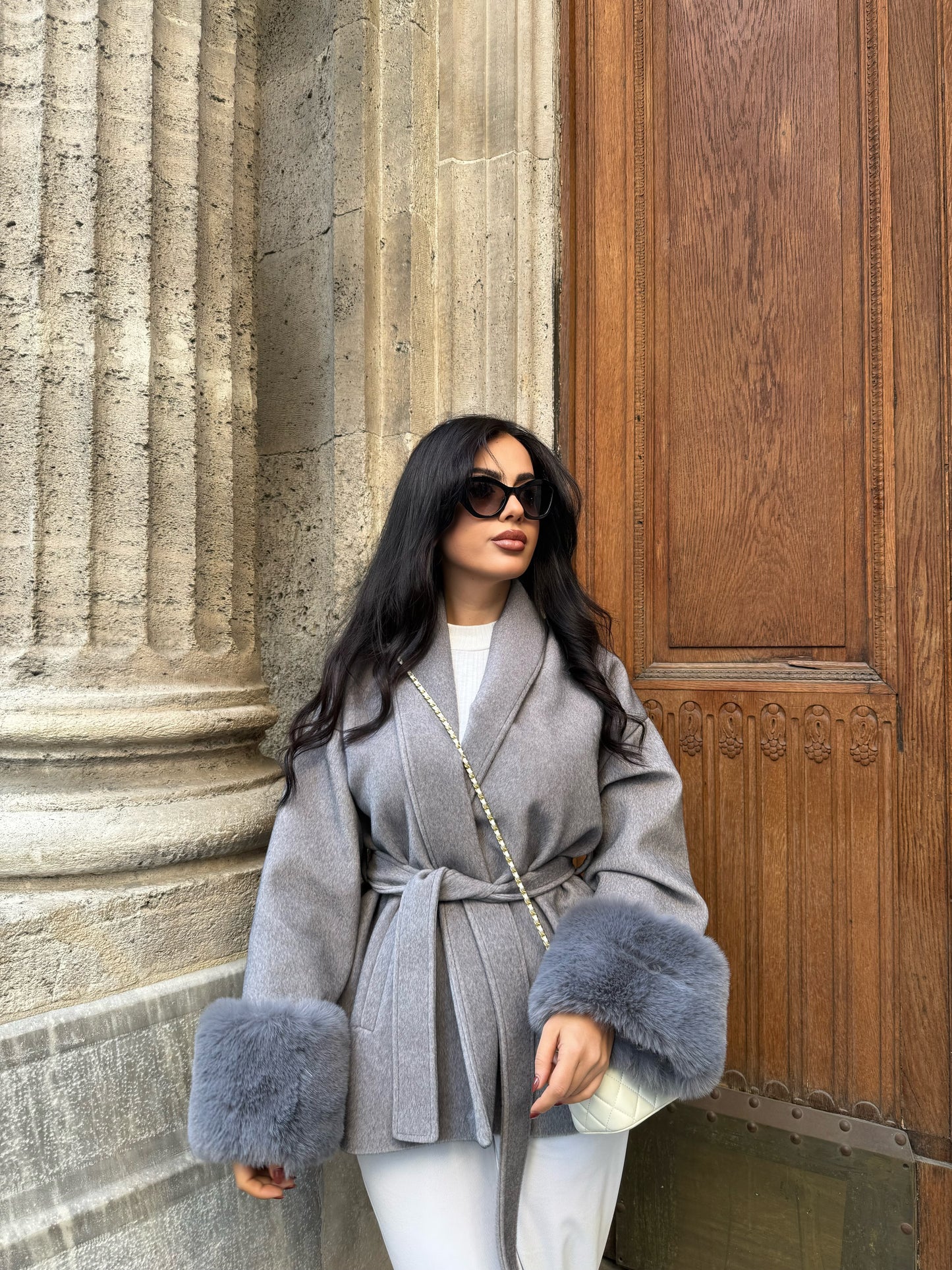 Monaco Gri Premium Kürklü Kaban