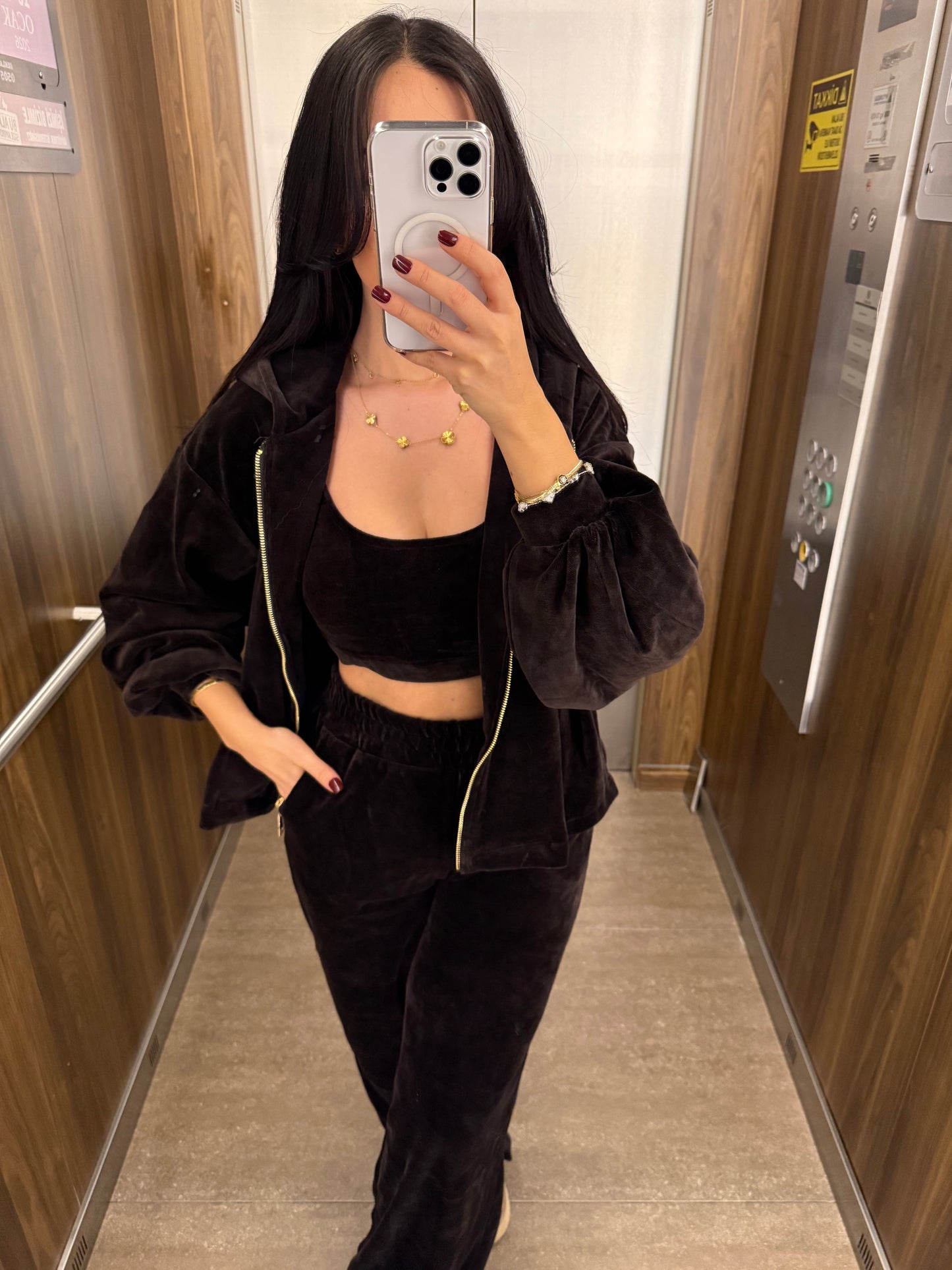 Zaina Kahverengi Kadife 3’lü Kombin Takımı