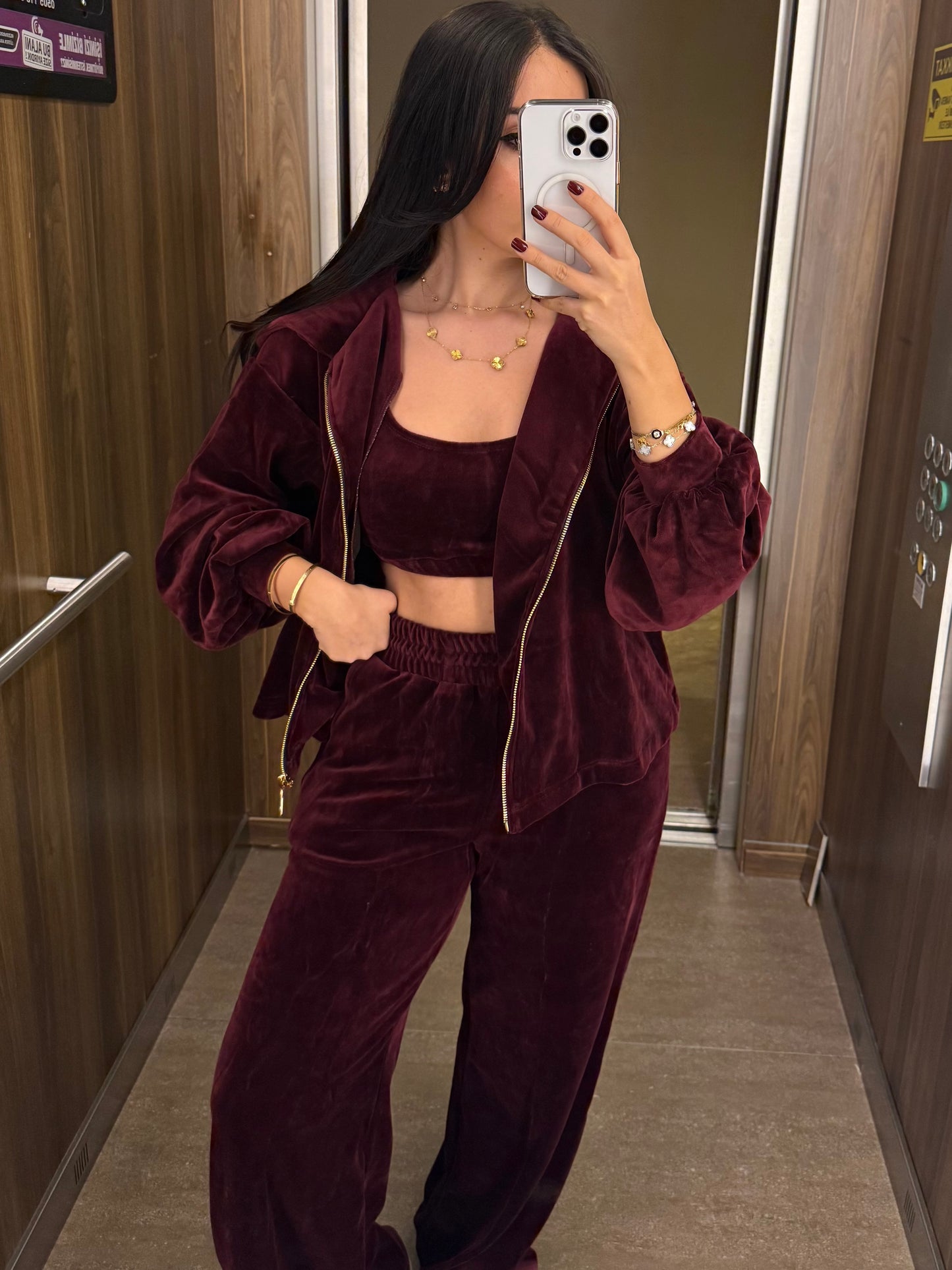 Zaina Bordo Kadife 3’lü Kombin Takımı