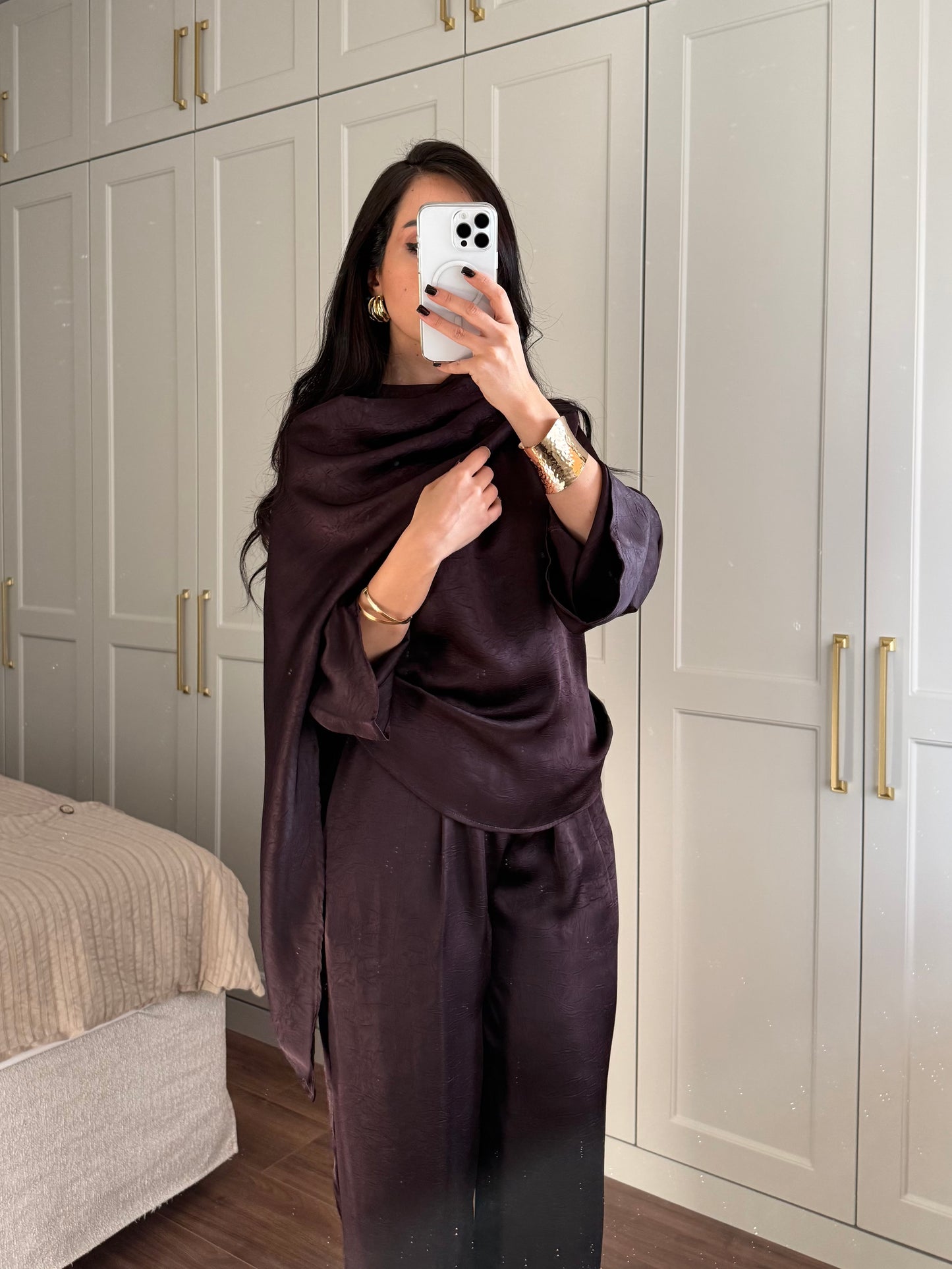 Dubai Saten Şal Takım -Mor