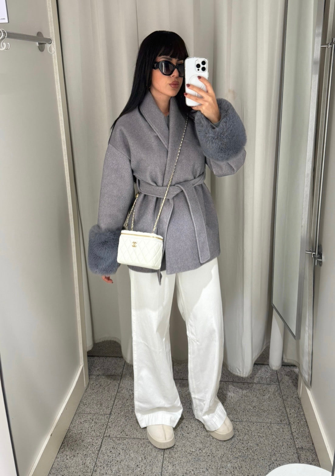 Monaco Gri Premium Kürklü Kaban