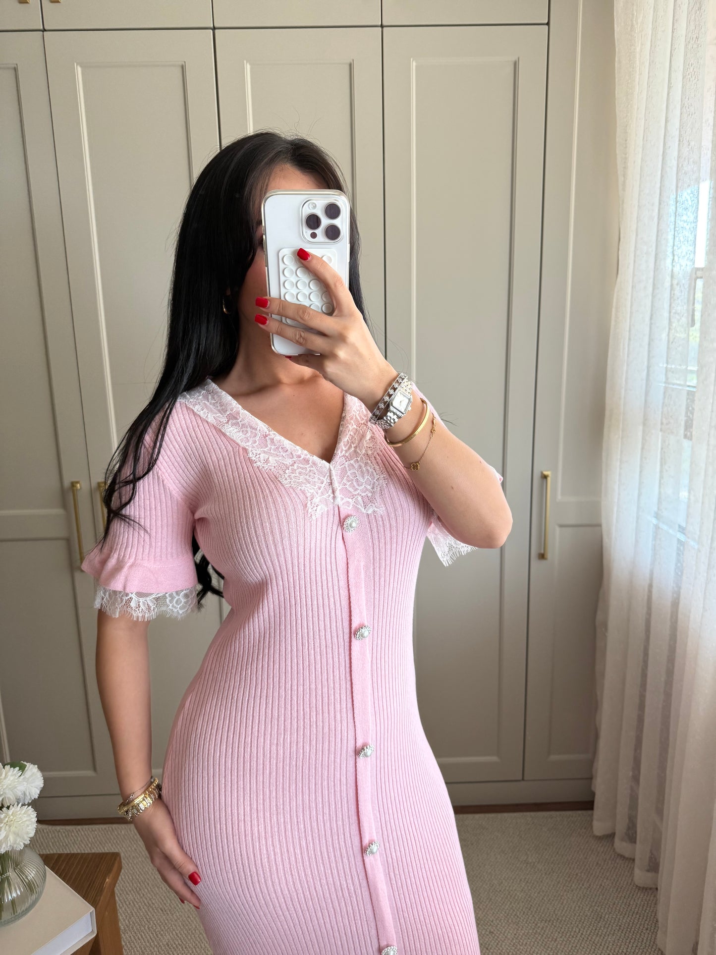 Beren Dantel Elbise-Pembe