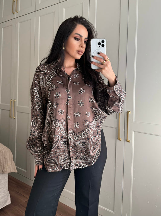 Bandana desenli premium saten gömlek -Kahverengi