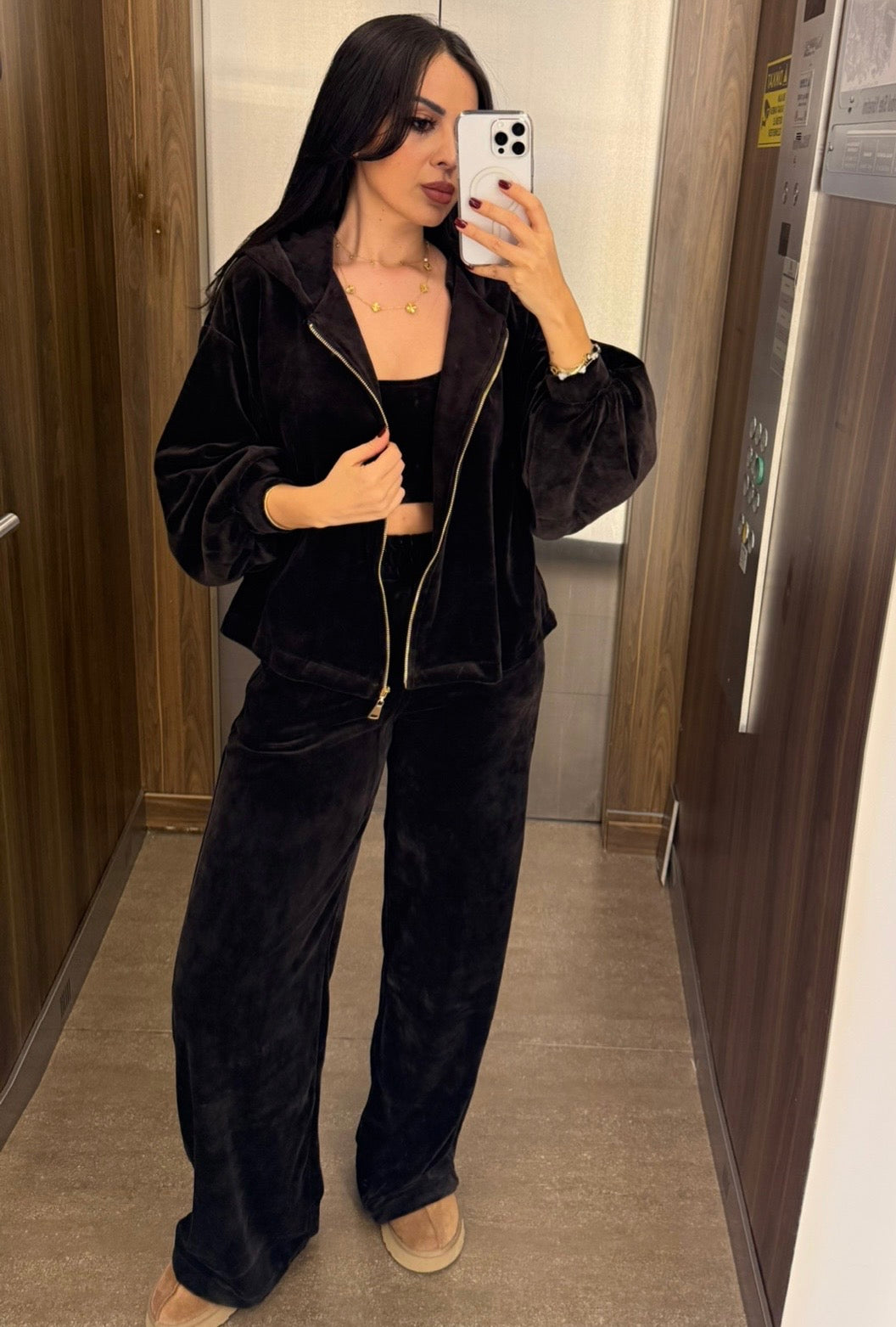 Zaina Kahverengi Kadife 3’lü Kombin Takımı