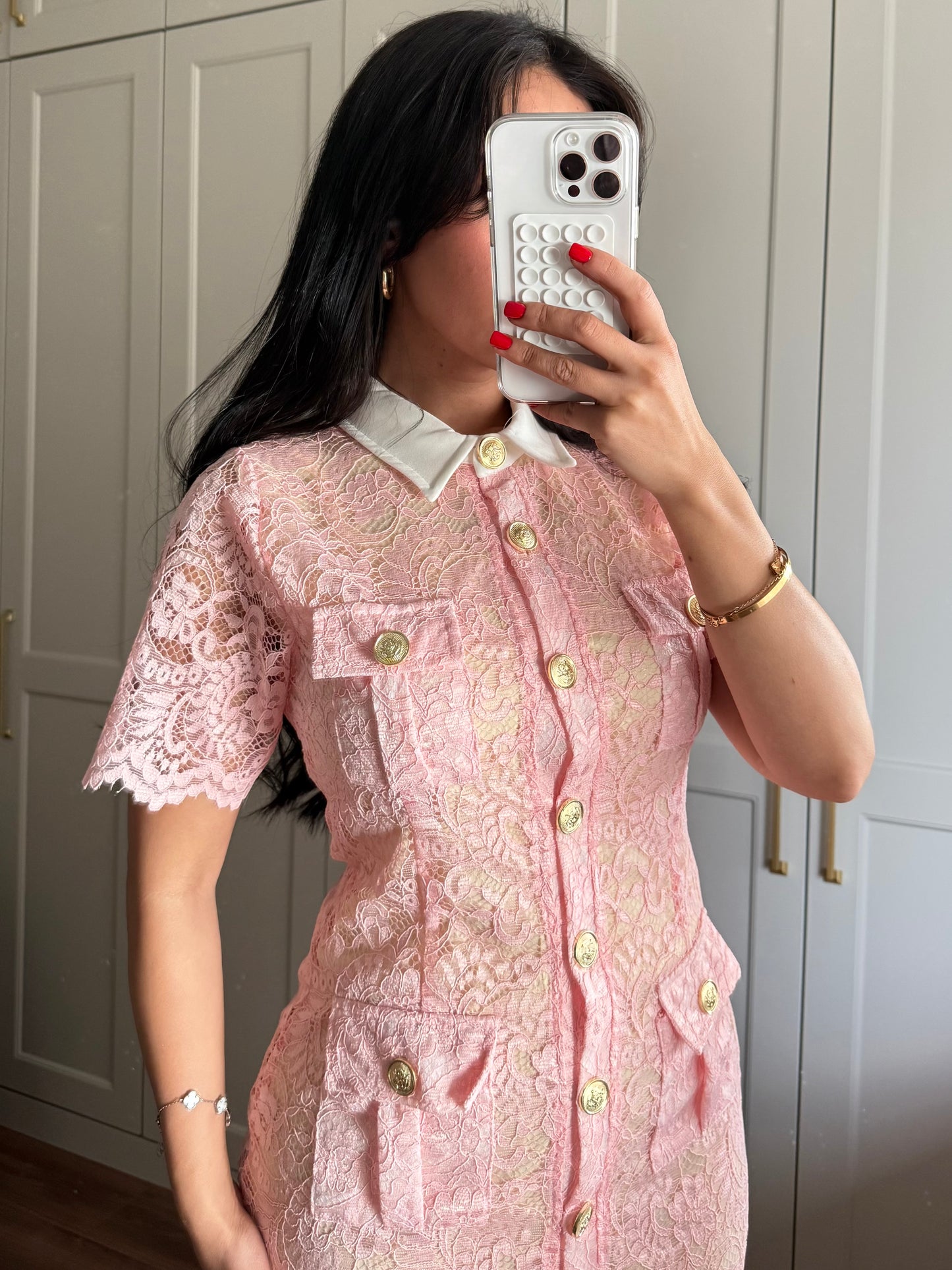 Ela Dantel Elbise-Pembe