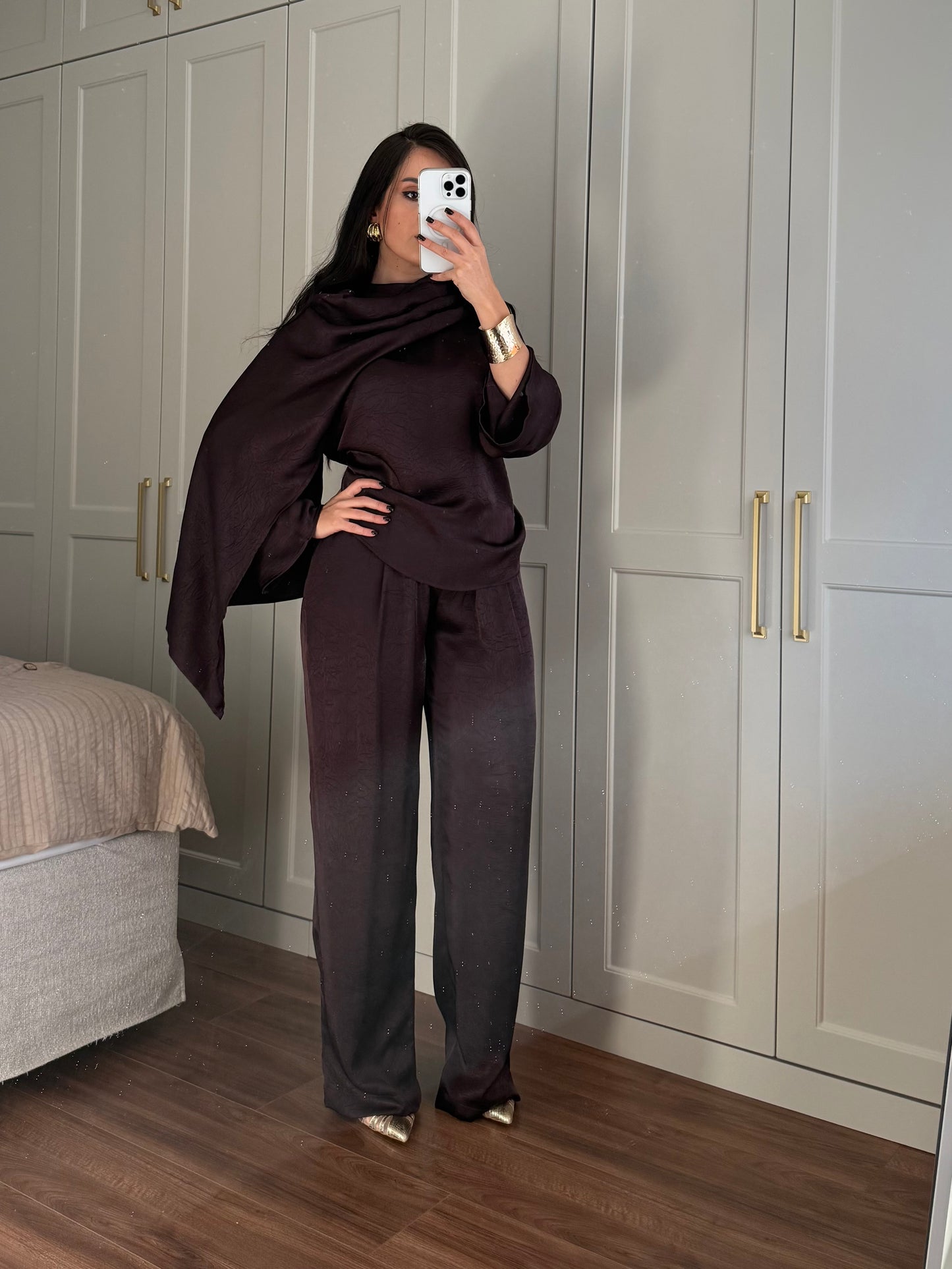 Dubai Saten Şal Takım -Mor