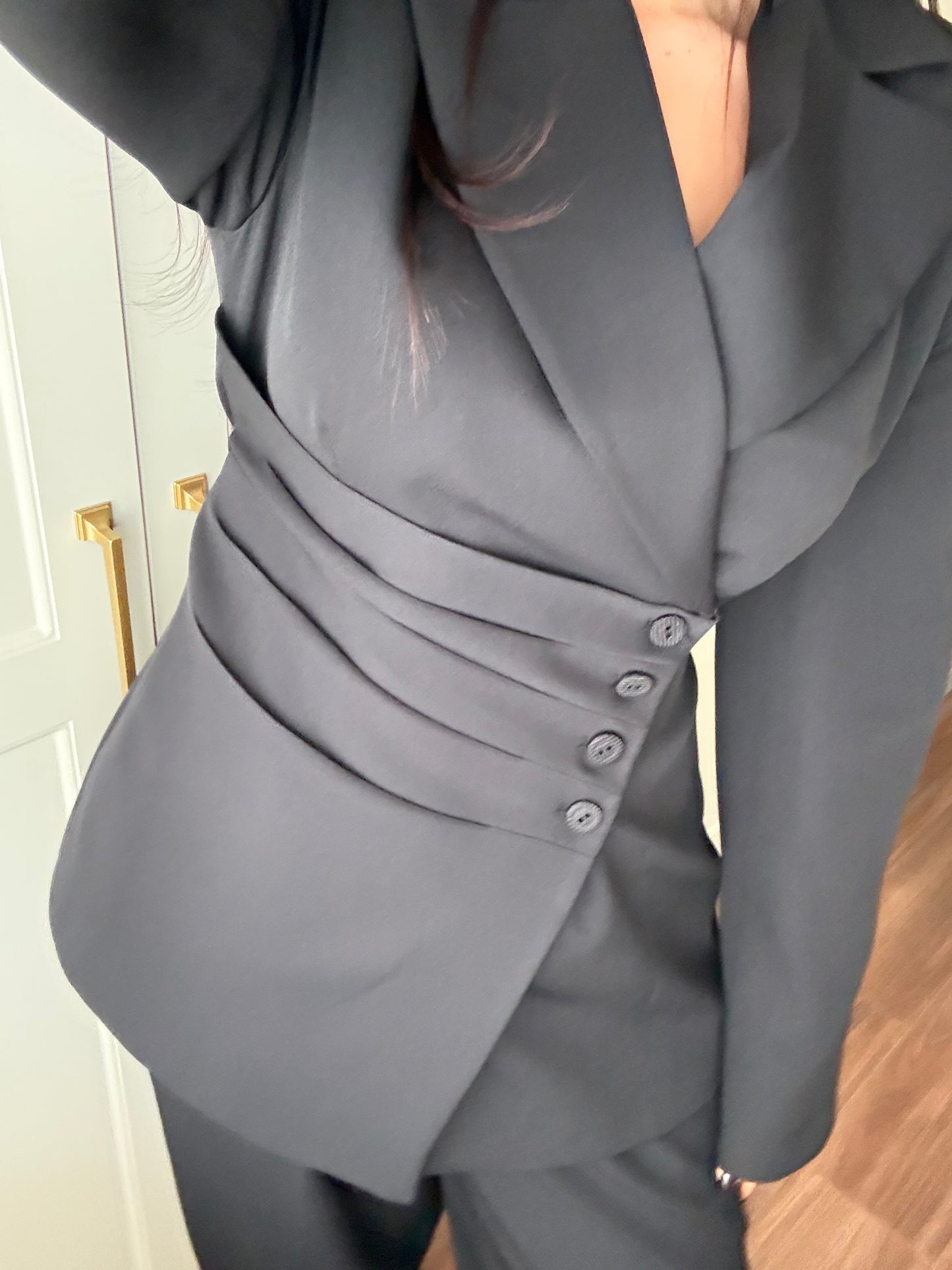 Wendy Bel Büzgülü Blazer Takımı-Siyah