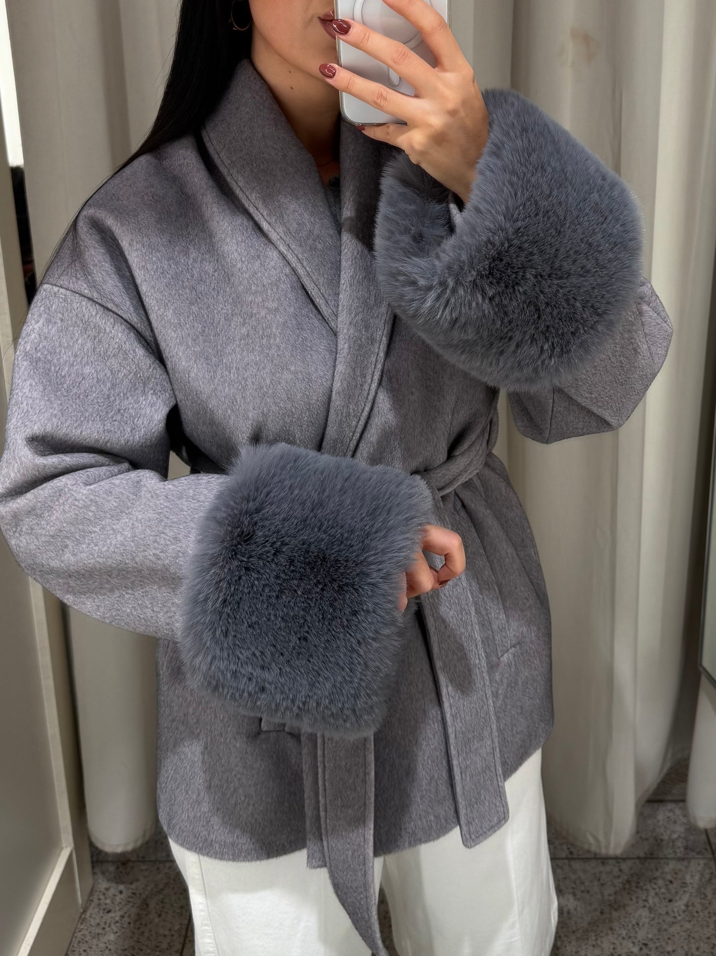 Monaco Gri Premium Kürklü Kaban