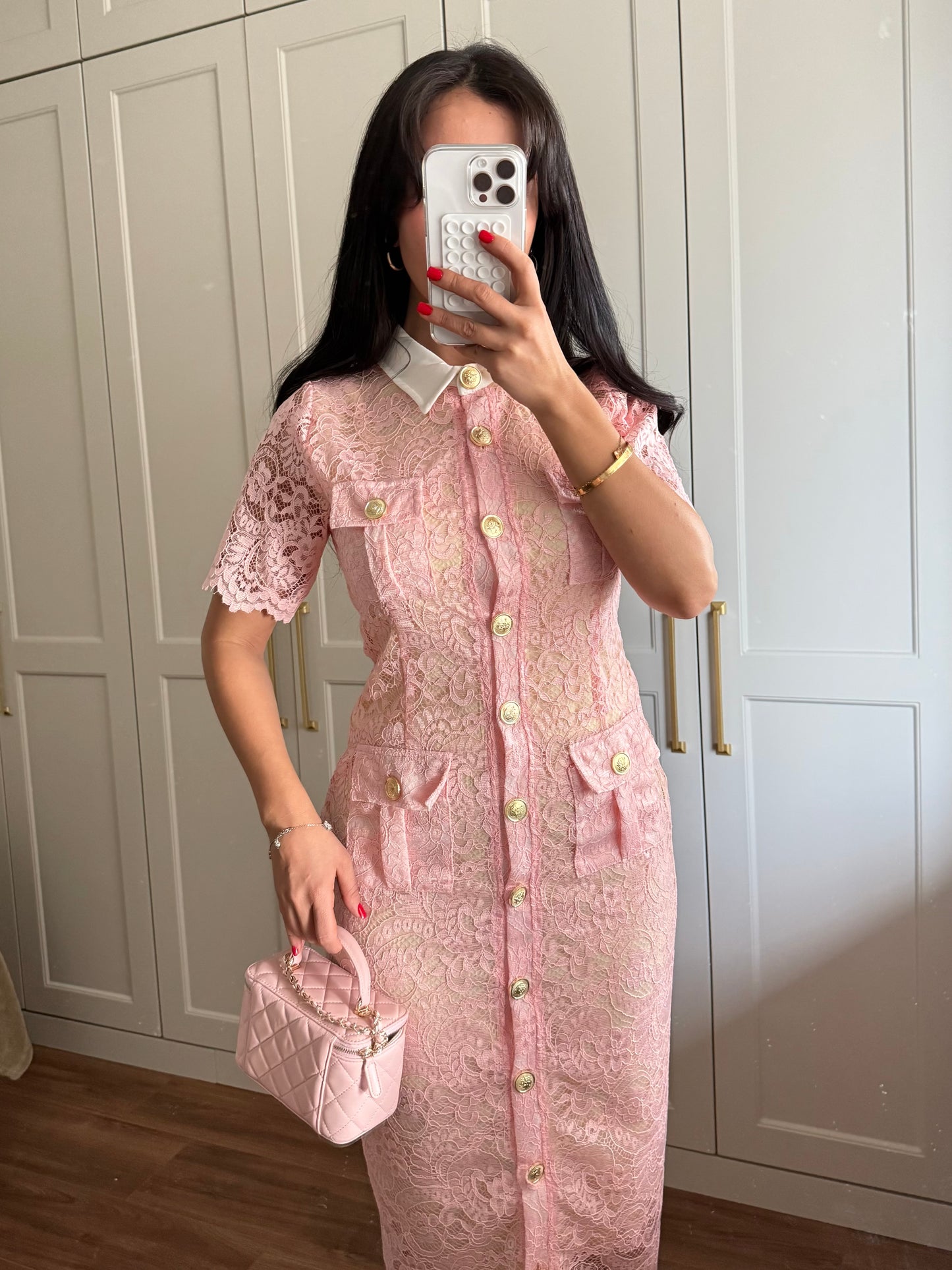 Ela Dantel Elbise-Pembe
