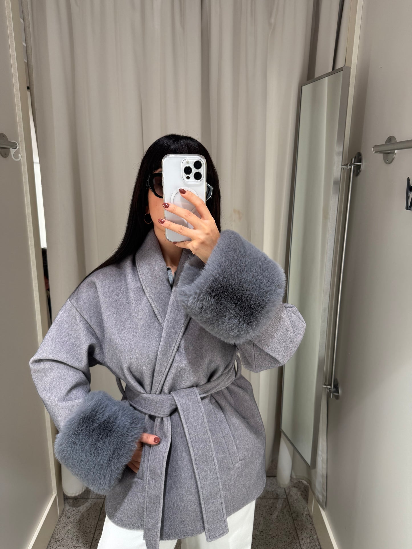 Monaco Gri Premium Kürklü Kaban